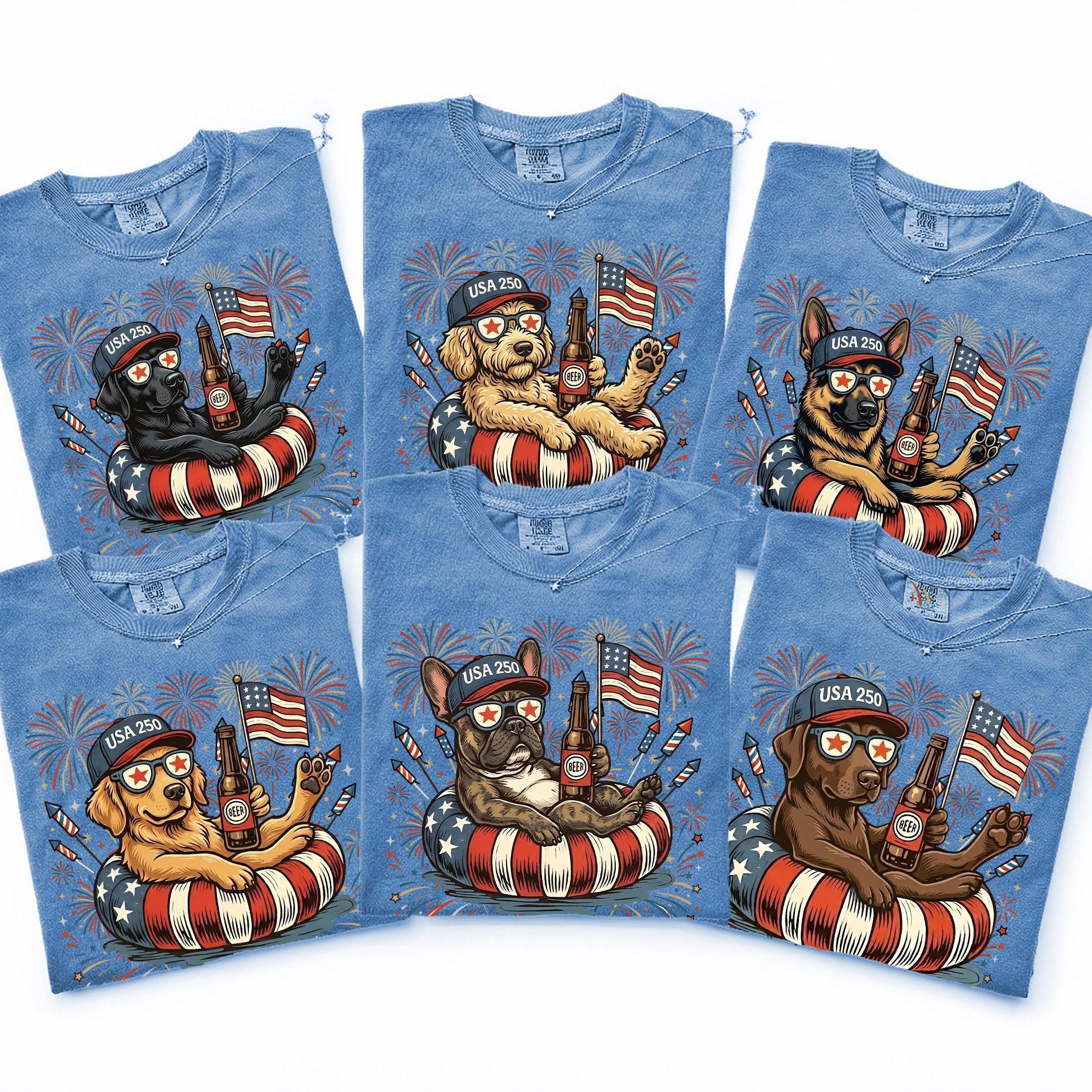 Patriotic Dogs 4th July Dog Comfort Colors 50 Dog Breeds Custom Available Usa Flag Fireworks America 250 - T-Shirt, Sweatshirt, Hoodie