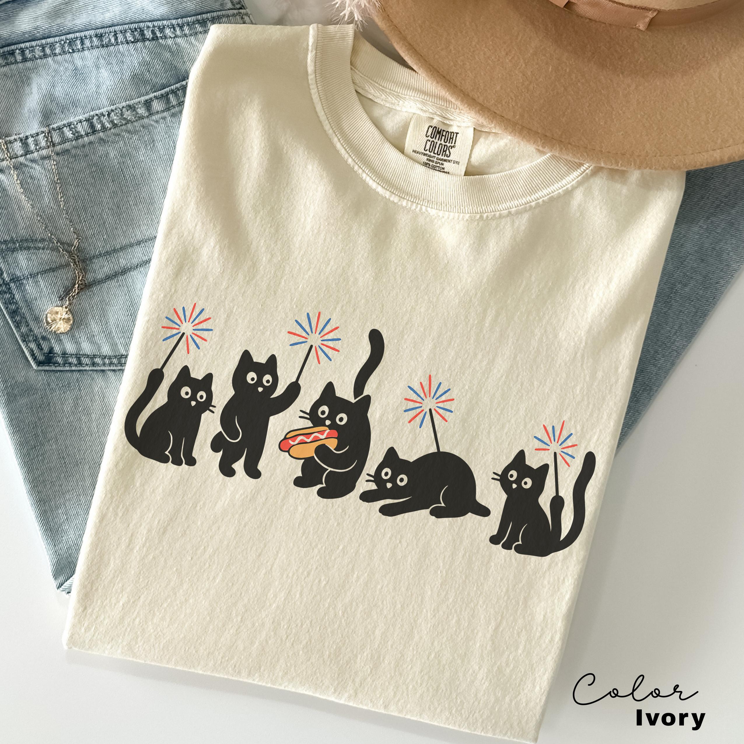 4th July Ca Cats Comfort Colors Cat Lovers Cat Mom Usa Patriotic Tee Black Cat Tee Kitten - T-Shirt, Sweatshirt, Hoodie