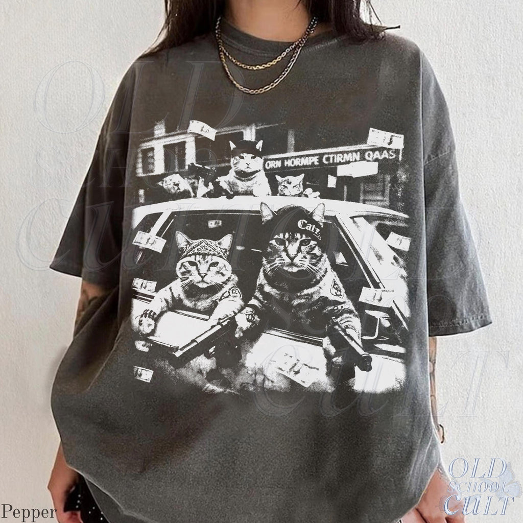 Gangster Cats Vintage Black Cat Tee Retro Streetwear Cat Oversized Cat Lover - T-Shirt, Sweatshirt, Hoodie