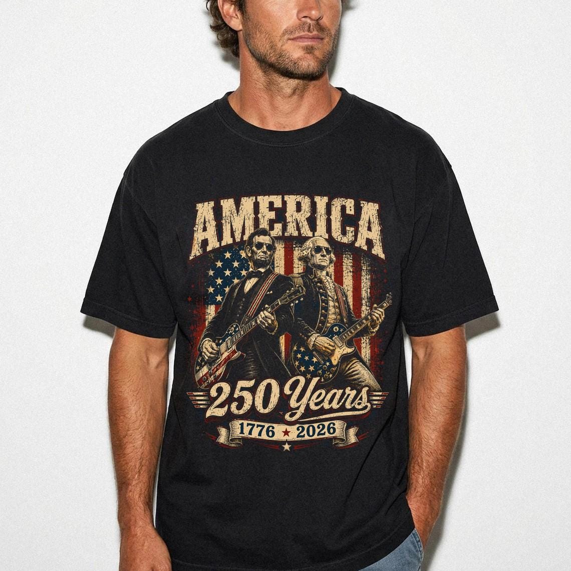 George Washington Lincoln Playing Guitar Abe Lincoln 250th Comfort Colors Patriotic 4th July Tee American Flag Rock - T-Shirt, Sweatshirt, Hoodie