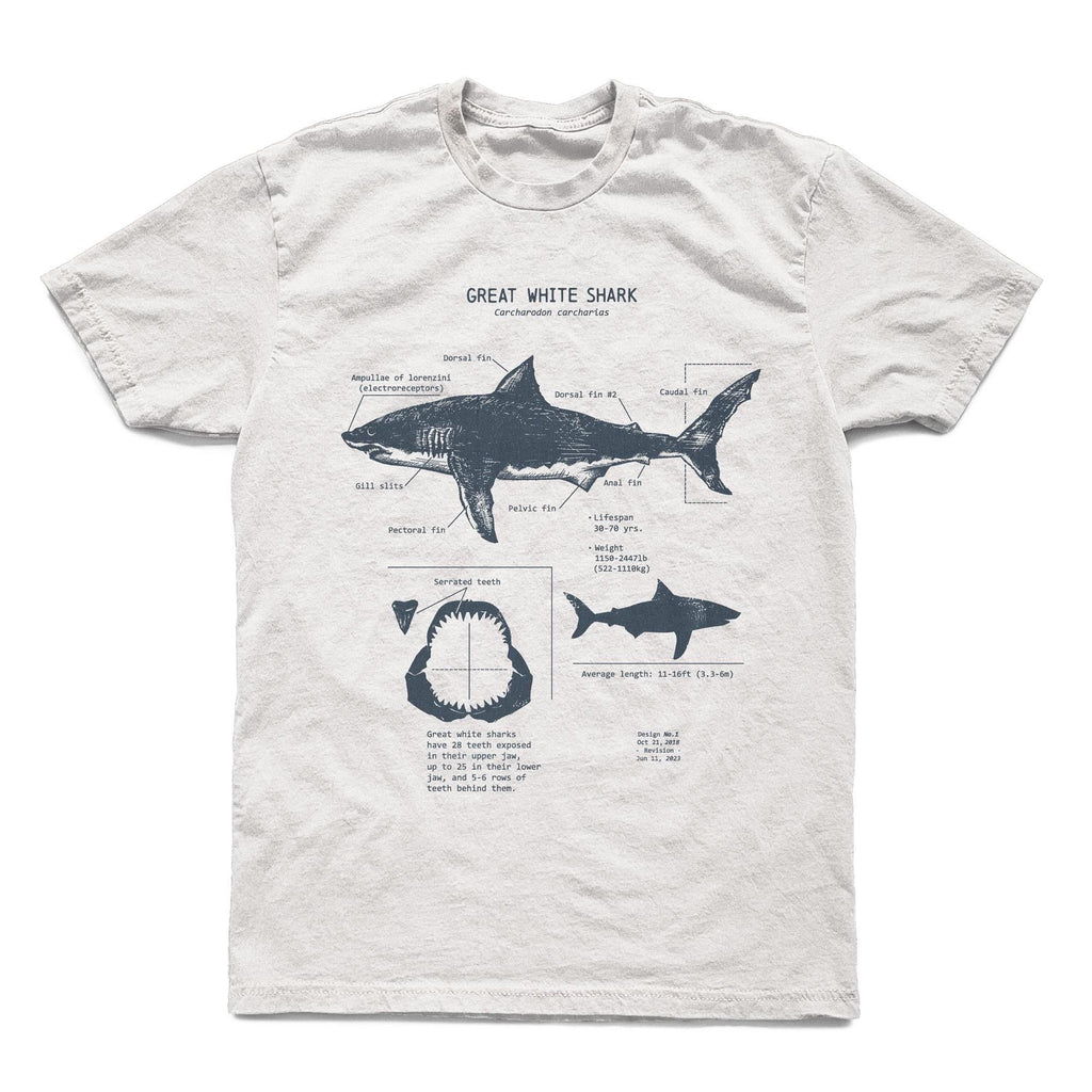 White Shark Anatomy Hand-Drawn Biology Diagram Screen Printed Ringspun - T-Shirt, Sweatshirt, Hoodie