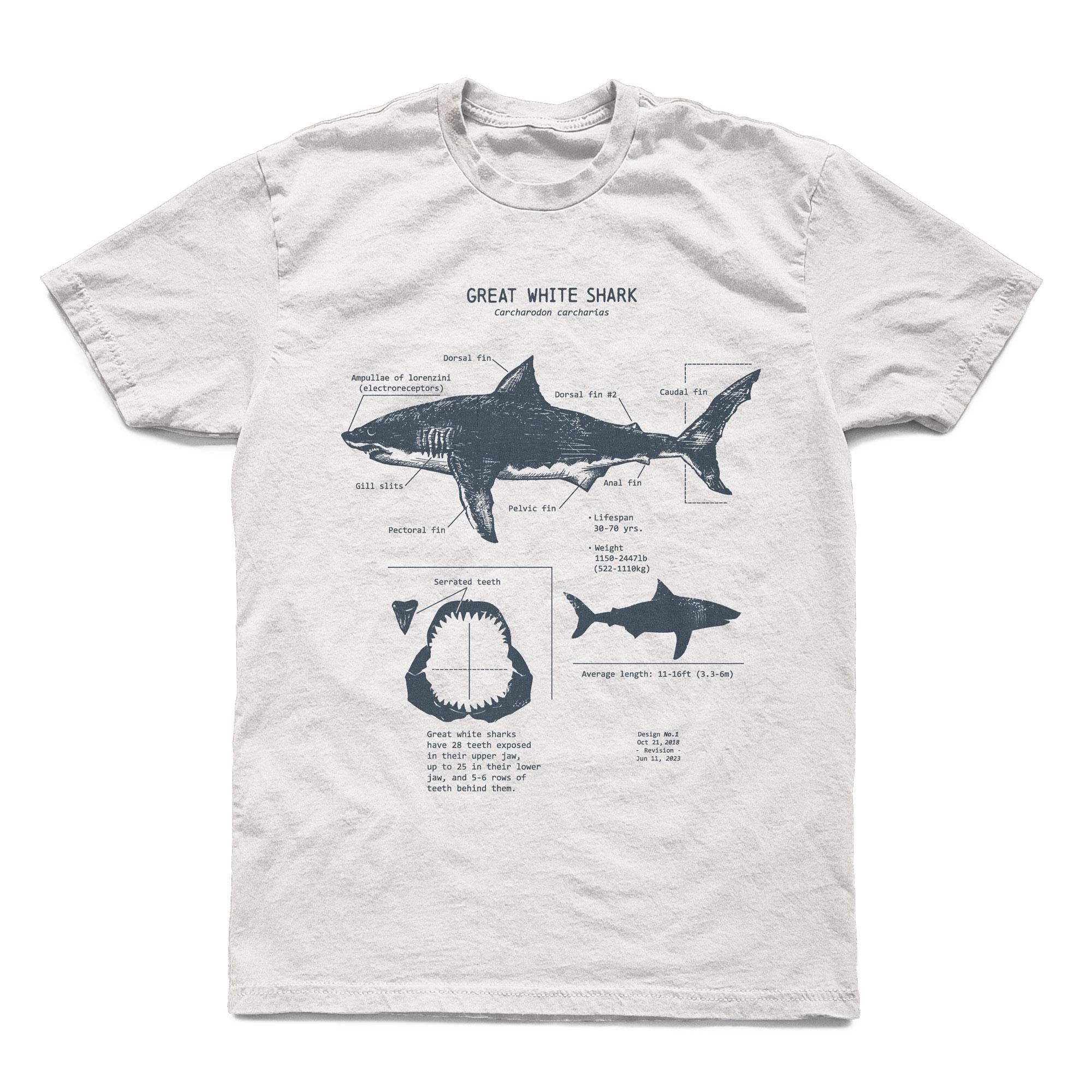 White Shark Anatomy Hand-Drawn Biology Diagram Screen Printed Ringspun - T-Shirt, Sweatshirt, Hoodie