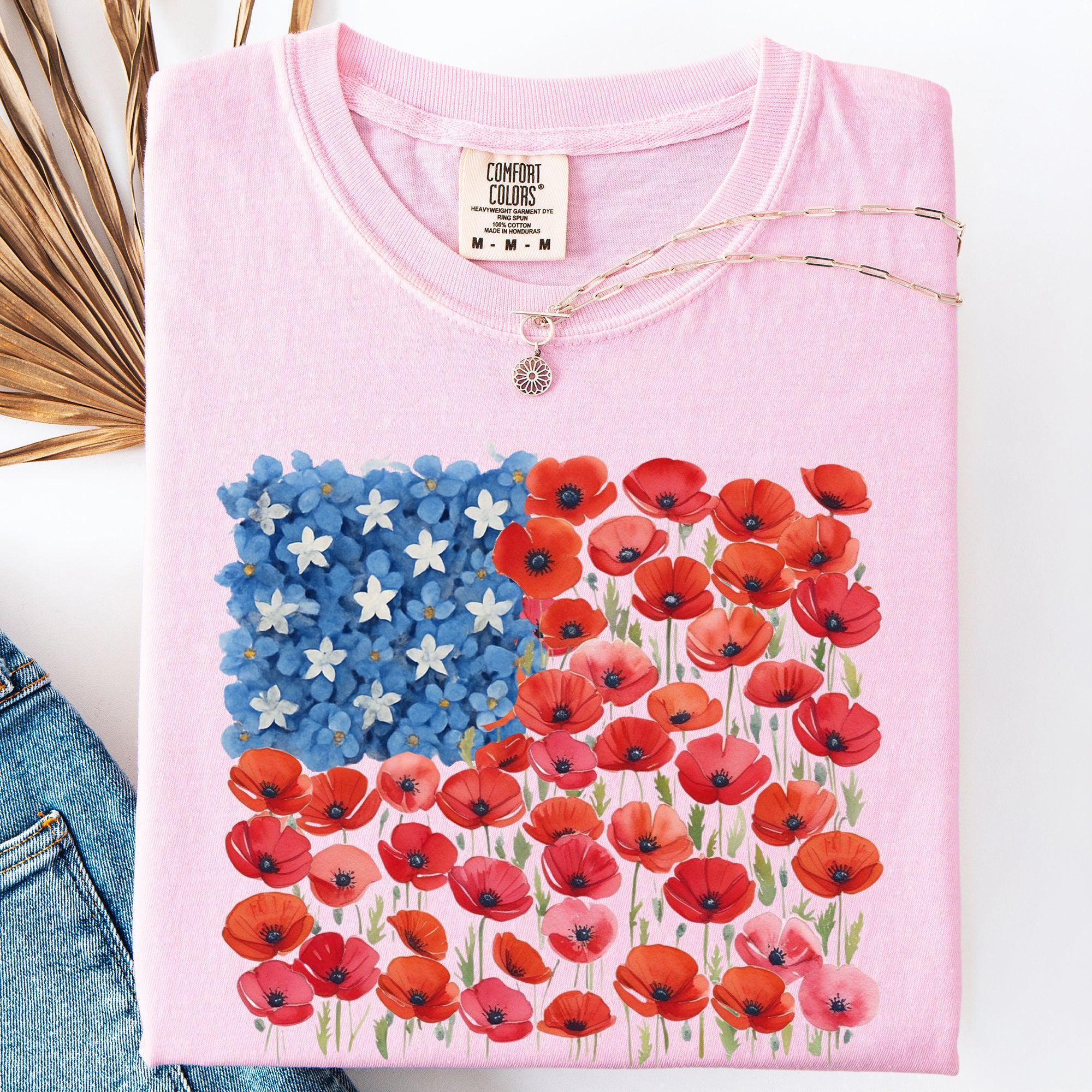 Floral Flag Usa Patriotic America 4th July Comfort Colors - T-Shirt, Sweatshirt, Hoodie