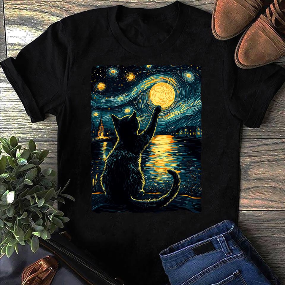 Starry Night Cat Vincent Van Gogh Black Cat Lover Unisex T-shirt, Sweatshirt, Hoodie - T-Shirt, Sweatshirt, Hoodie
