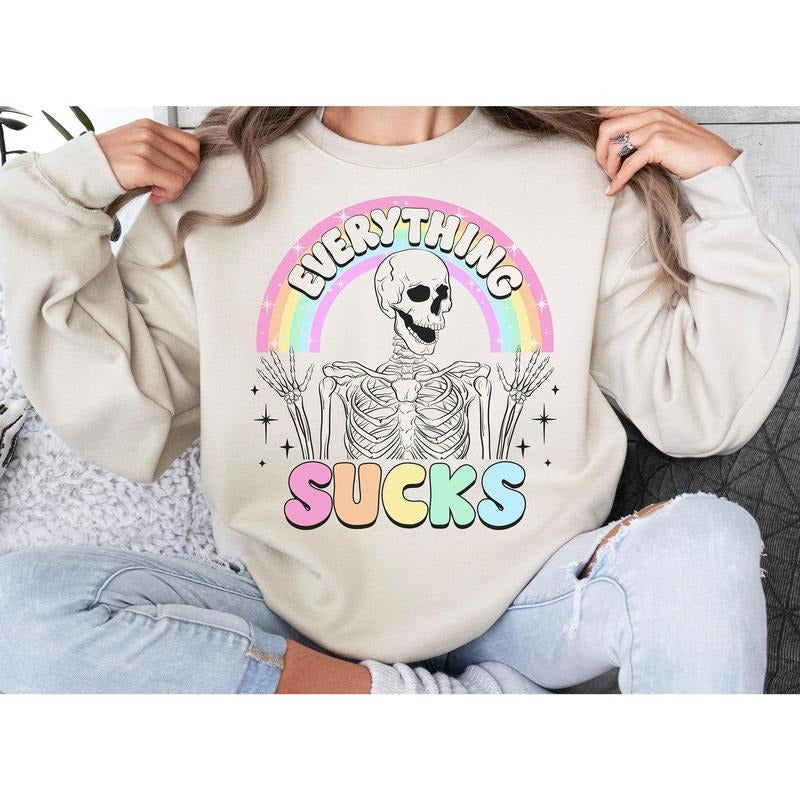 030 Everything Sucks Rainbow Skeleton Crew Neck Tank Top for Dad