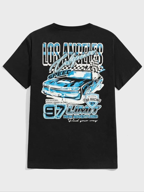 [100% Cotton] Cartoon Car Print Round Neck Regular Fit Casual Short Sleeve Daily Streetwear Back School Summer Top T-Shirts, Hoodie, Sweatshirt - T-Shirt, Sweatshirt, Hoodie