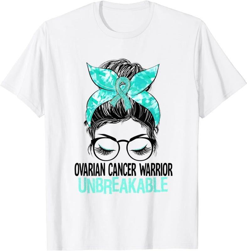 [100% Cotton] Messy Bun Teal Ribbon Ovarian Cancer Warrior Unbreakable T-Shirts, Hoodie, Sweatshirt - T-Shirt, Sweatshirt, Hoodie