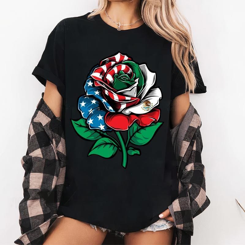 [100% Cotton] Rose Mexico USA Flag Shirt Mexican American Shirt Mexico Independence T-Shirts, Hoodie, Sweatshirt - T-Shirt, Sweatshirt, Hoodie