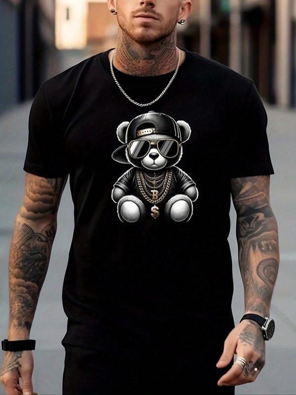 [100% Cotton] Regular Fit Cartoon Bear Print Round Neck Casual Streetwear Short Sleeve Daily Outdoor Clothes Summer T-Shirts, Hoodie, Sweatshirt - T-Shirt, Sweatshirt, Hoodie