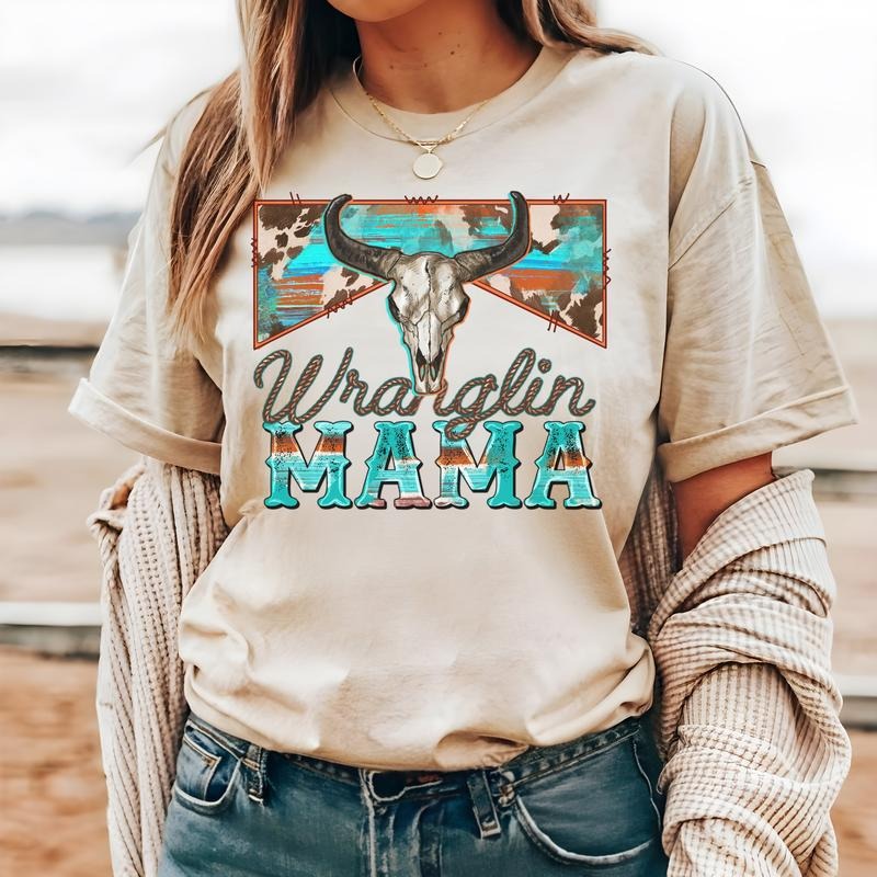 #215 Wranglin Mama Western Boho Cow Retro Print Crew Neck T-Shirts, Hoodie, Sweatshirt - T-Shirt, Sweatshirt, Hoodie