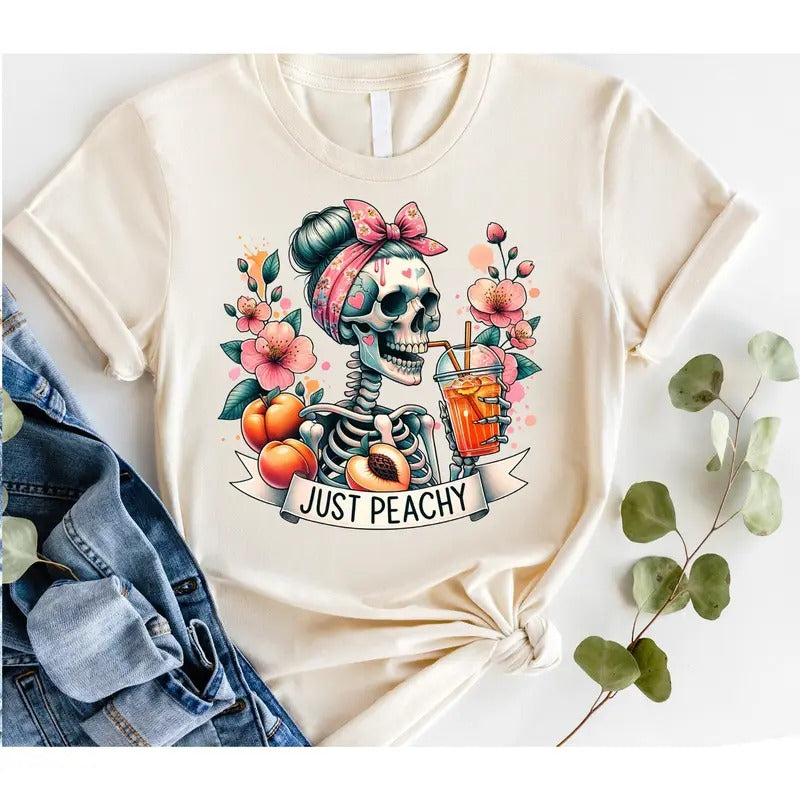 #263 Just Peachy Skull Skeleton Shirt Print Crew Neck T-Shirts, Hoodie, Sweatshirt - T-Shirt, Sweatshirt, Hoodie