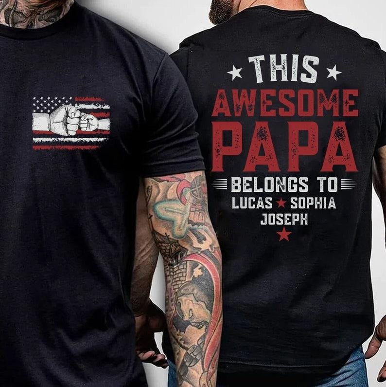 4th July Papa Shirt This Awesome Papa Belongs Shirt Personalized Papa Shirt Custom Grandkids Hands American Flag Shirt Shirt T-Shirts, Hoodie, Sweatshirt - T-Shirt, Sweatshirt, Hoodie