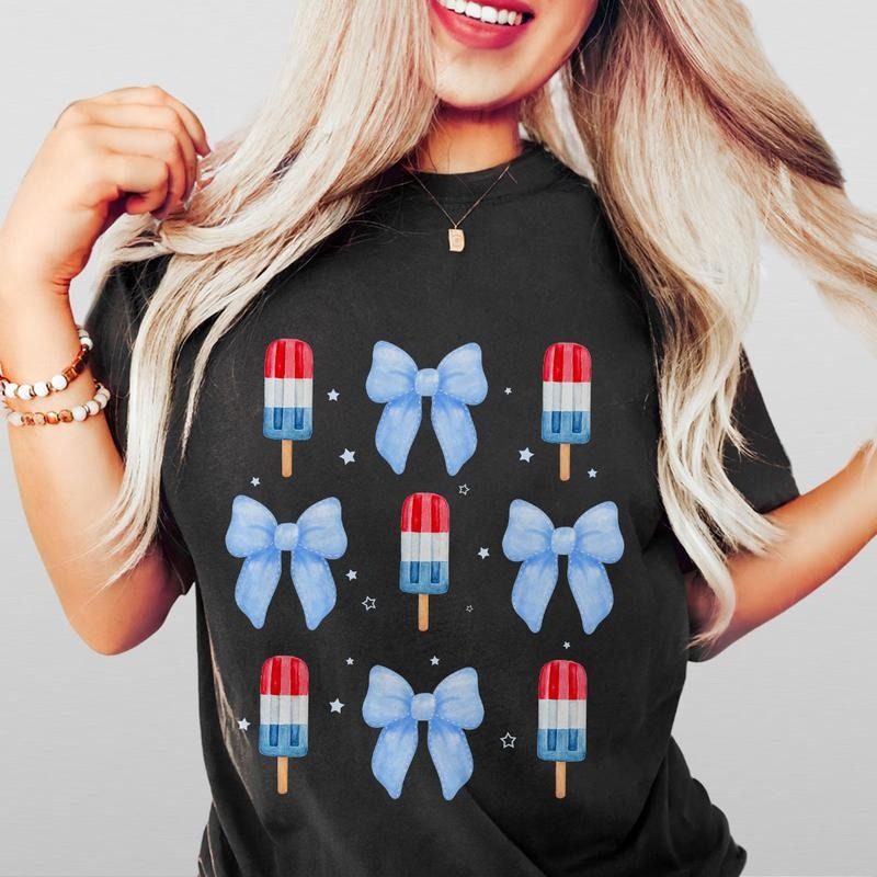 4th July Popsicle Coquette Bow Shirt Patriotic Independence Day USA Flag Popsicle Retro 4th July Casual Comfortable Summer Top July 4th Celebration Shirt Red White Blue T-Shirts, Hoodie, Sweatshirt - T-Shirt, Sweatshirt, Hoodie