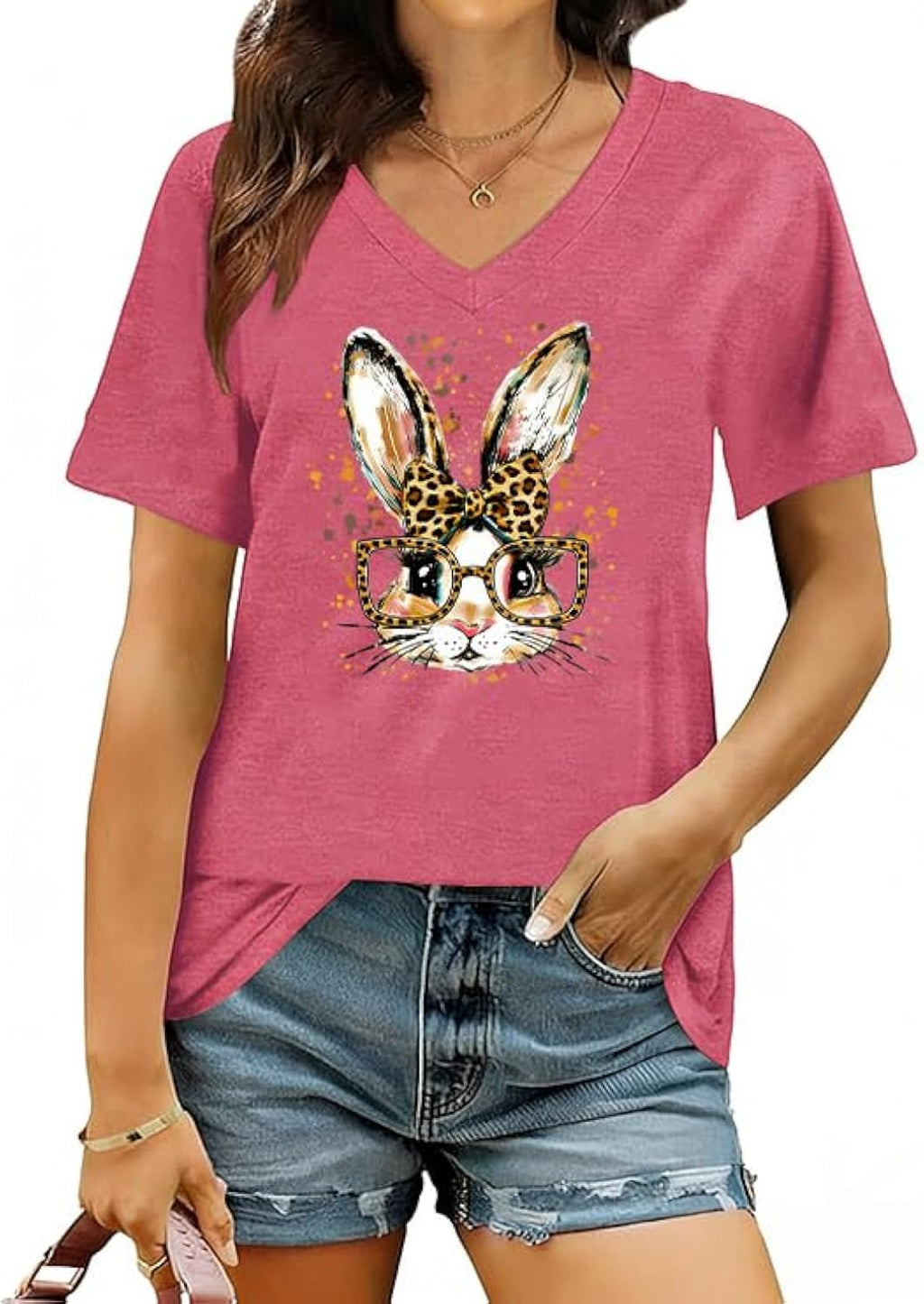 Easter Shirts for Women Happy Bunny with Leopard Bow Shirts Cute Floral Rabbit Graphic Tee - T-Shirt, Sweatshirt, Hoodie