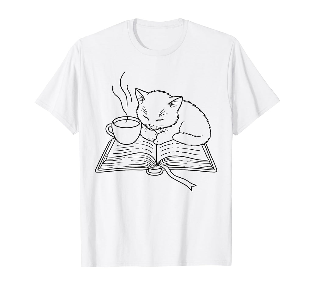 Sleeping Kitten Open Book Steaming Coffee T-Shirt - Streetwear Style Unisex - T-Shirt, Sweatshirt, Hoodie