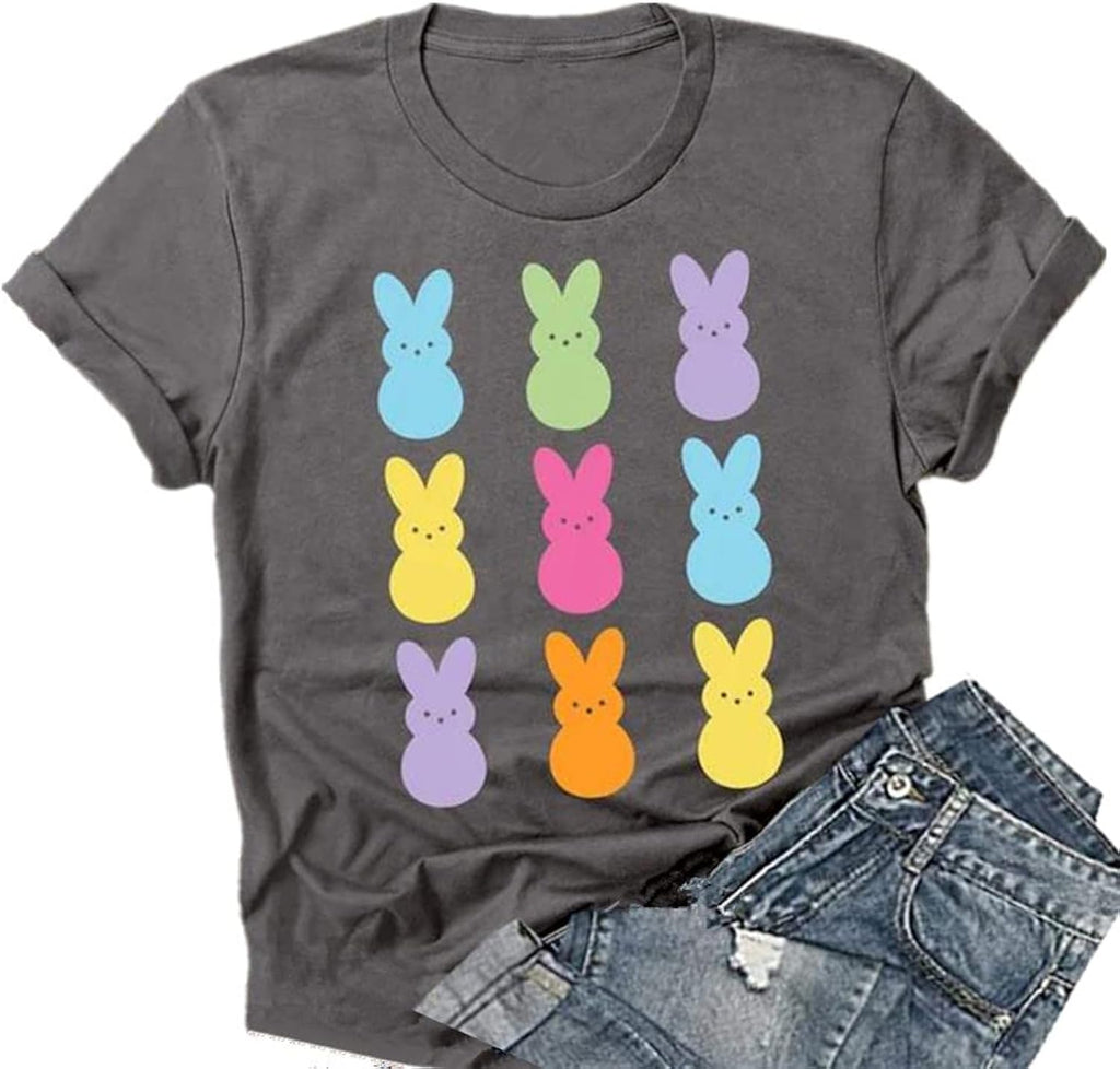 Easter Shirts for Women Happy Bunny Eggs Plaid Leopard Printed T-Shirt Short Sleeve Graphic Tee Tops - T-Shirt, Sweatshirt, Hoodie