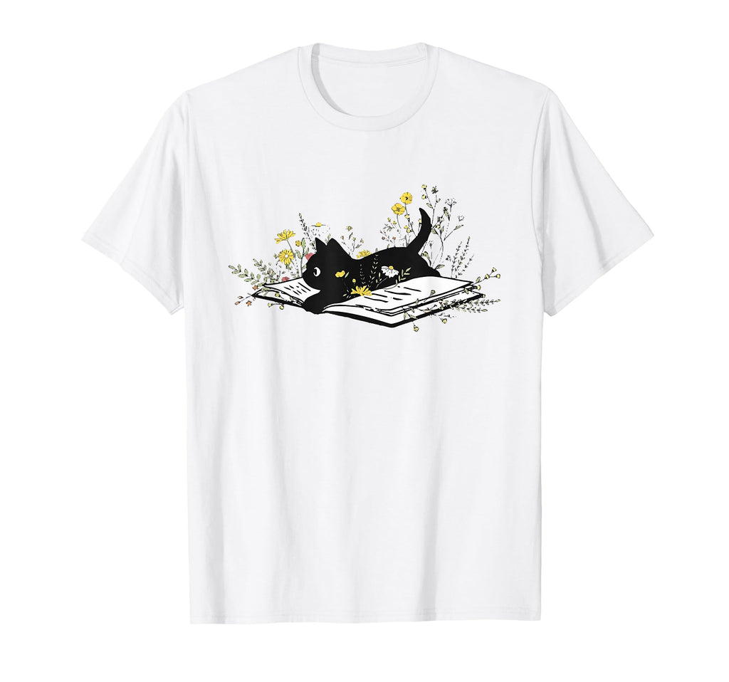 Book Black Cat Book Lover Floral T-Shirt - Minimalist Print Men Women - T-Shirt, Sweatshirt, Hoodie