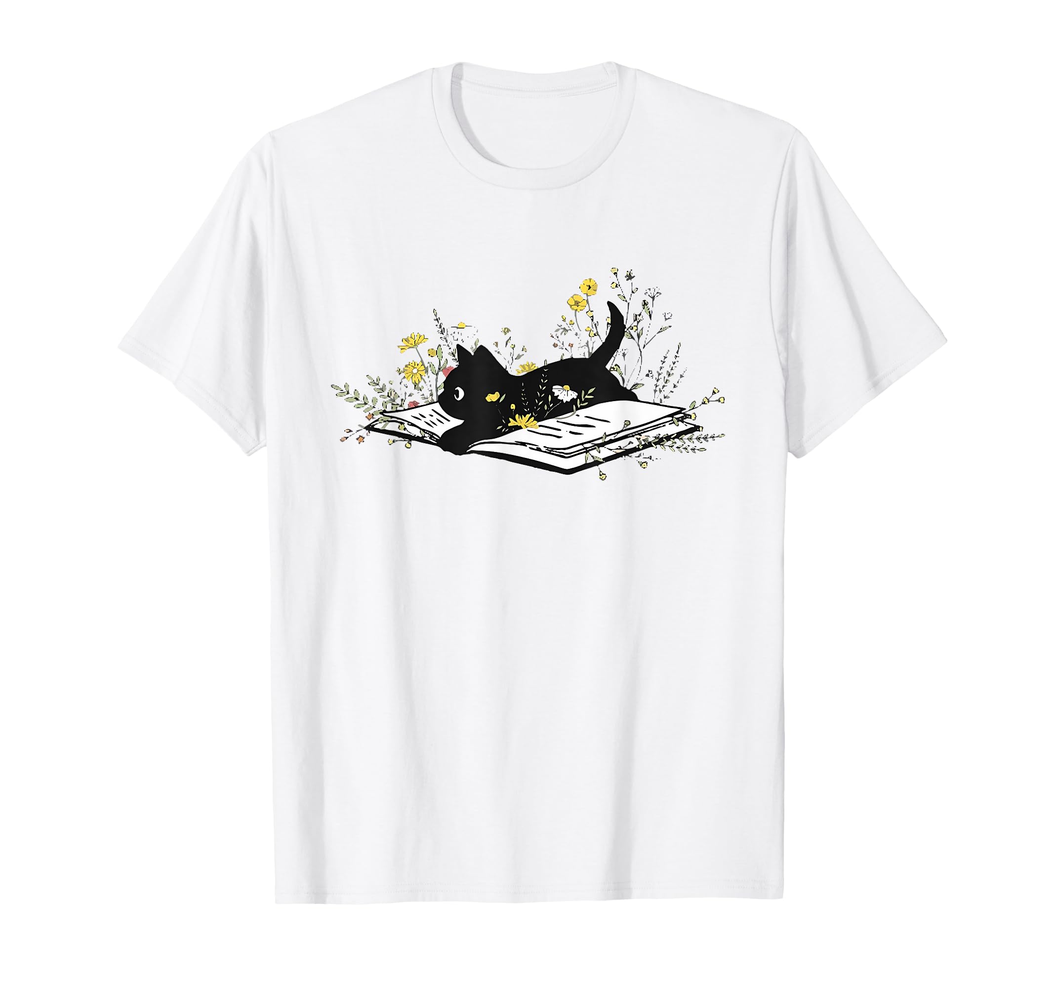 Book Black Cat Book Lover Floral T-Shirt - Minimalist Print Men Women - T-Shirt, Sweatshirt, Hoodie
