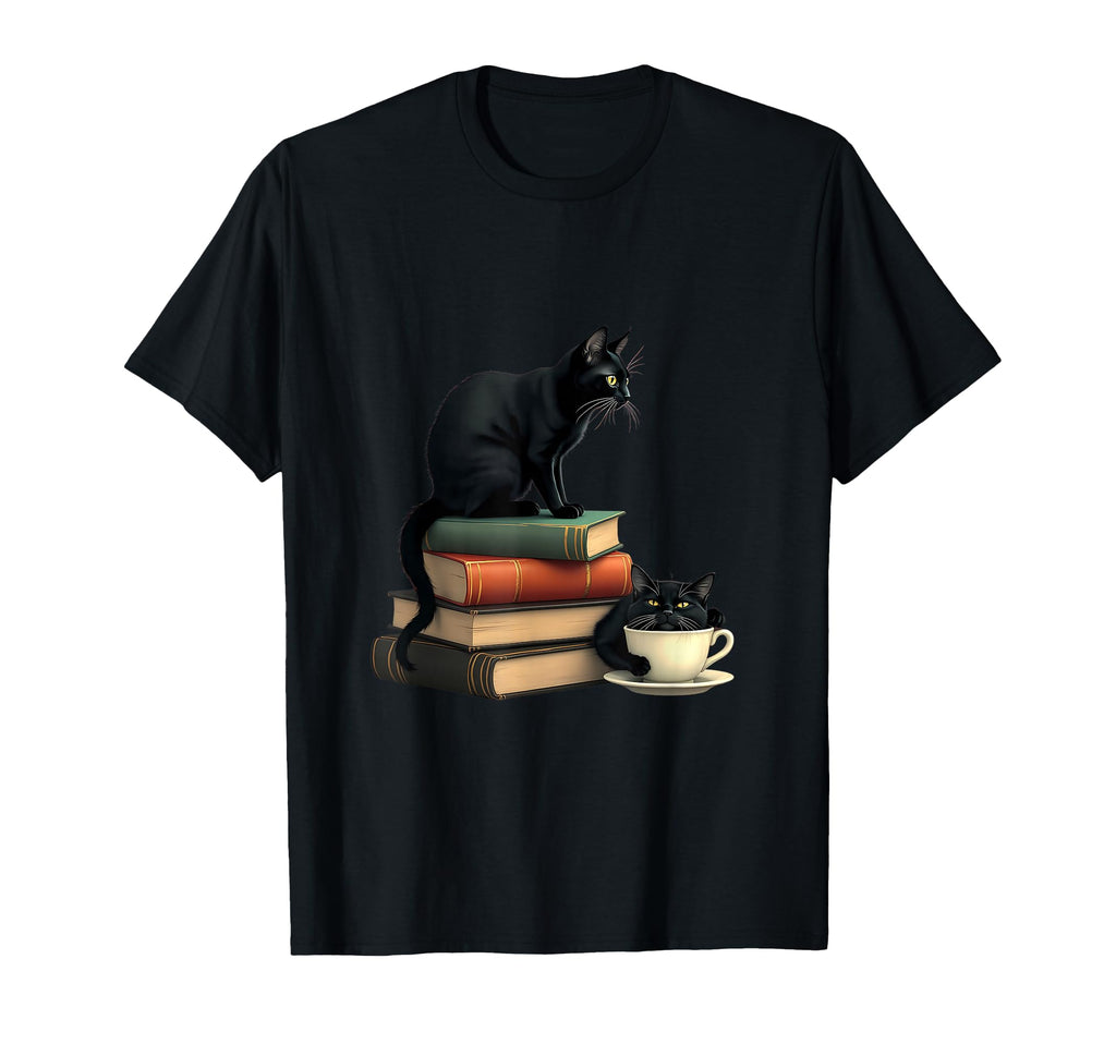 Black Cats And Books Stacked Coffee T-Shirt - Aesthetic Graphic Men Women - T-Shirt, Sweatshirt, Hoodie