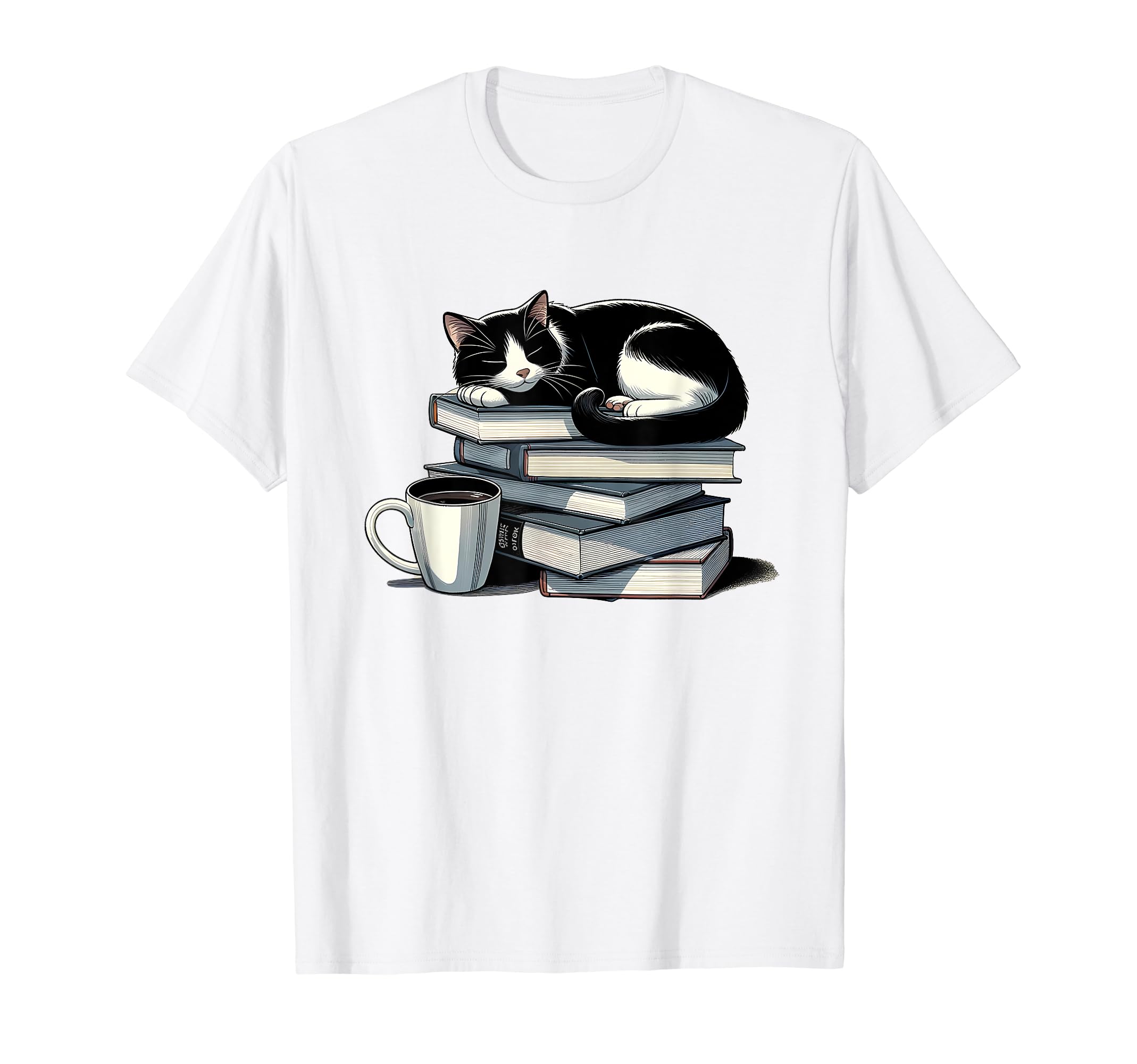 Cat Sleeping Pile Books Coffee And T-Shirt - Aesthetic Graphic Men Women - T-Shirt, Sweatshirt, Hoodie
