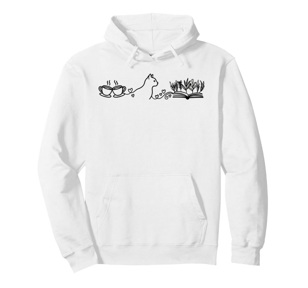 Minimalist Cat Coffee And Book Lover Hoodie - Minimalist Print Unisex - T-Shirt, Sweatshirt, Hoodie