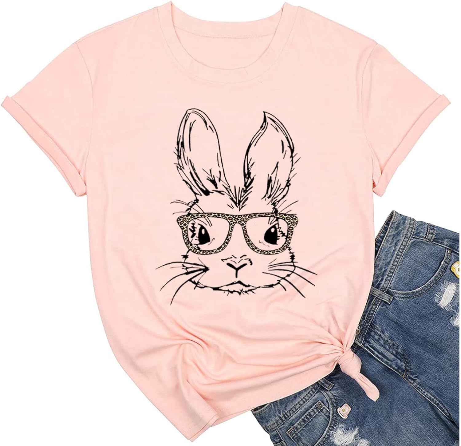 Bunny with Leopard Glasses T-Shirt for Women Cute Easter Bunny Graphic Tees Casual Short Sleeve Shirts Tops - T-Shirt, Sweatshirt, Hoodie
