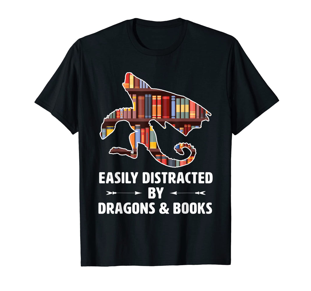 Easily Distracted Dragon And Books Nerds T-Shirt - Unique Graphic Unisex - T-Shirt, Sweatshirt, Hoodie