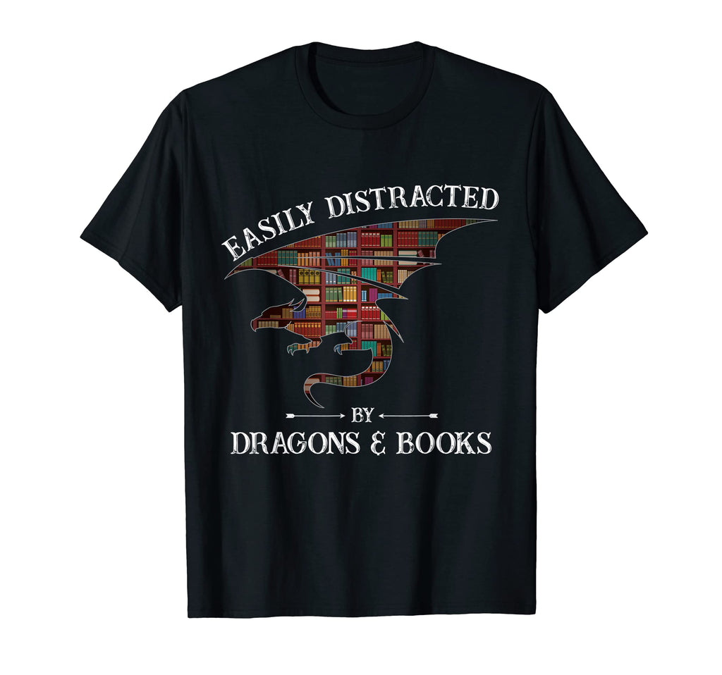 Easily Distracted Dragon And Books T-Shirt - Graphic Print for Adults - T-Shirt, Sweatshirt, Hoodie