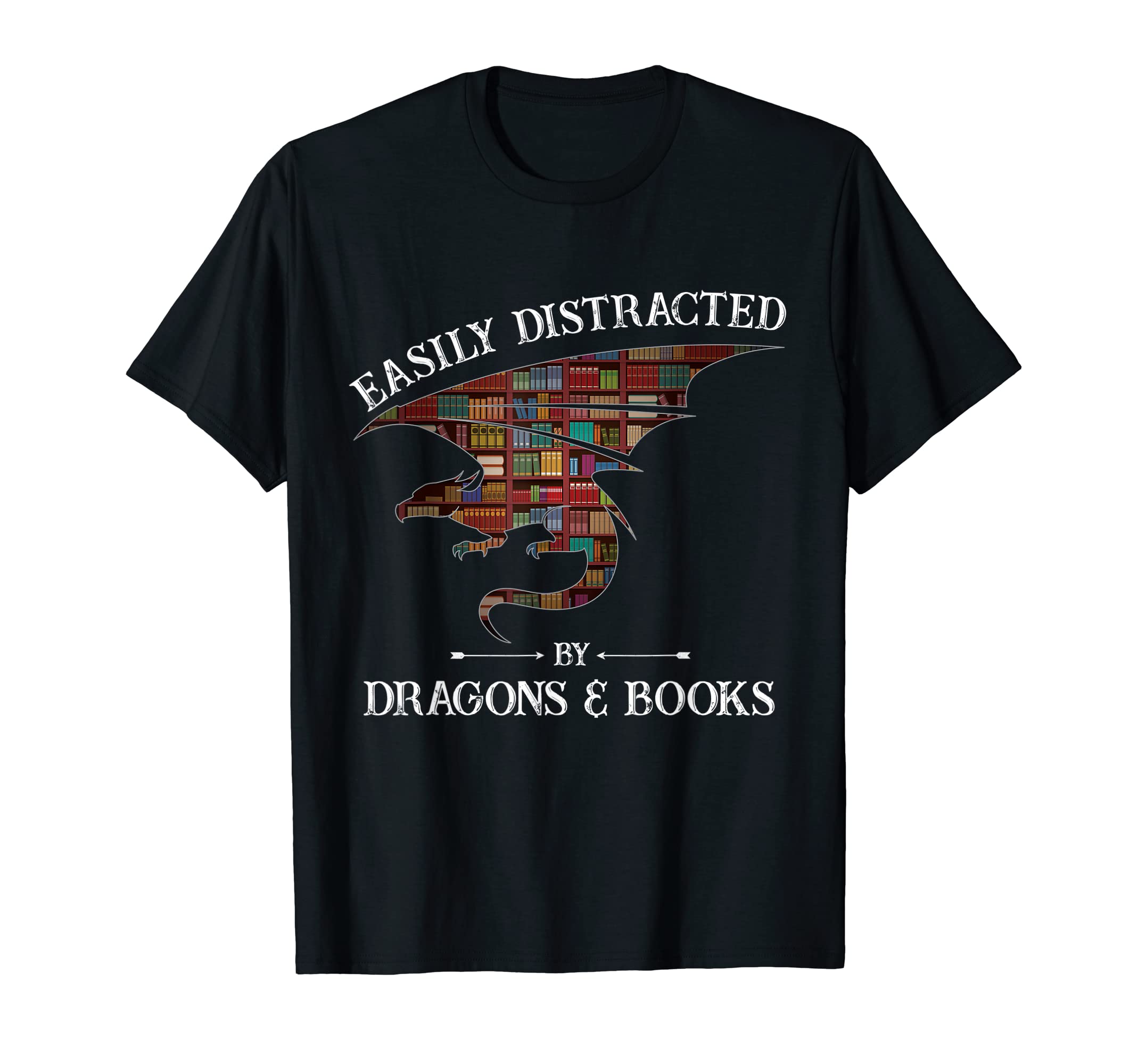 Easily Distracted Dragon And Books T-Shirt - Graphic Print for Adults - T-Shirt, Sweatshirt, Hoodie