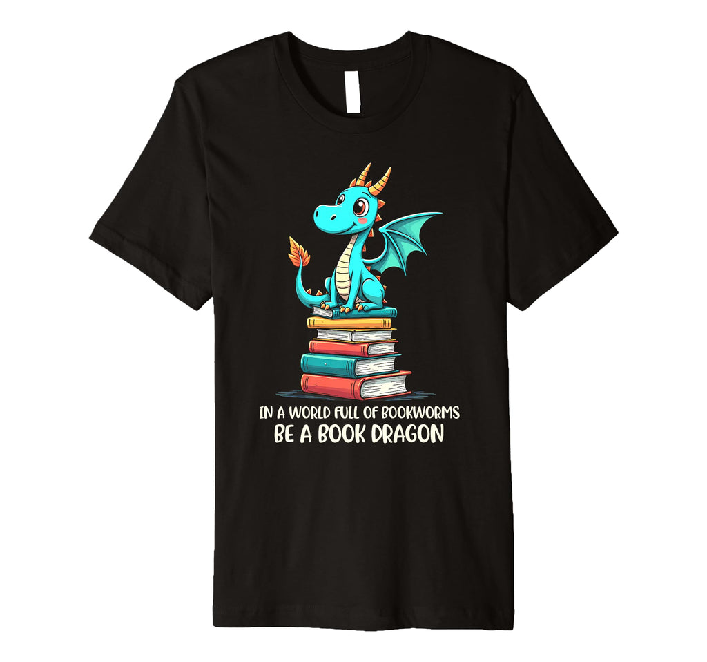 Joyful Dragon Atop Books Encourages T-Shirt - Unique Graphic Unisex - T-Shirt, Sweatshirt, Hoodie