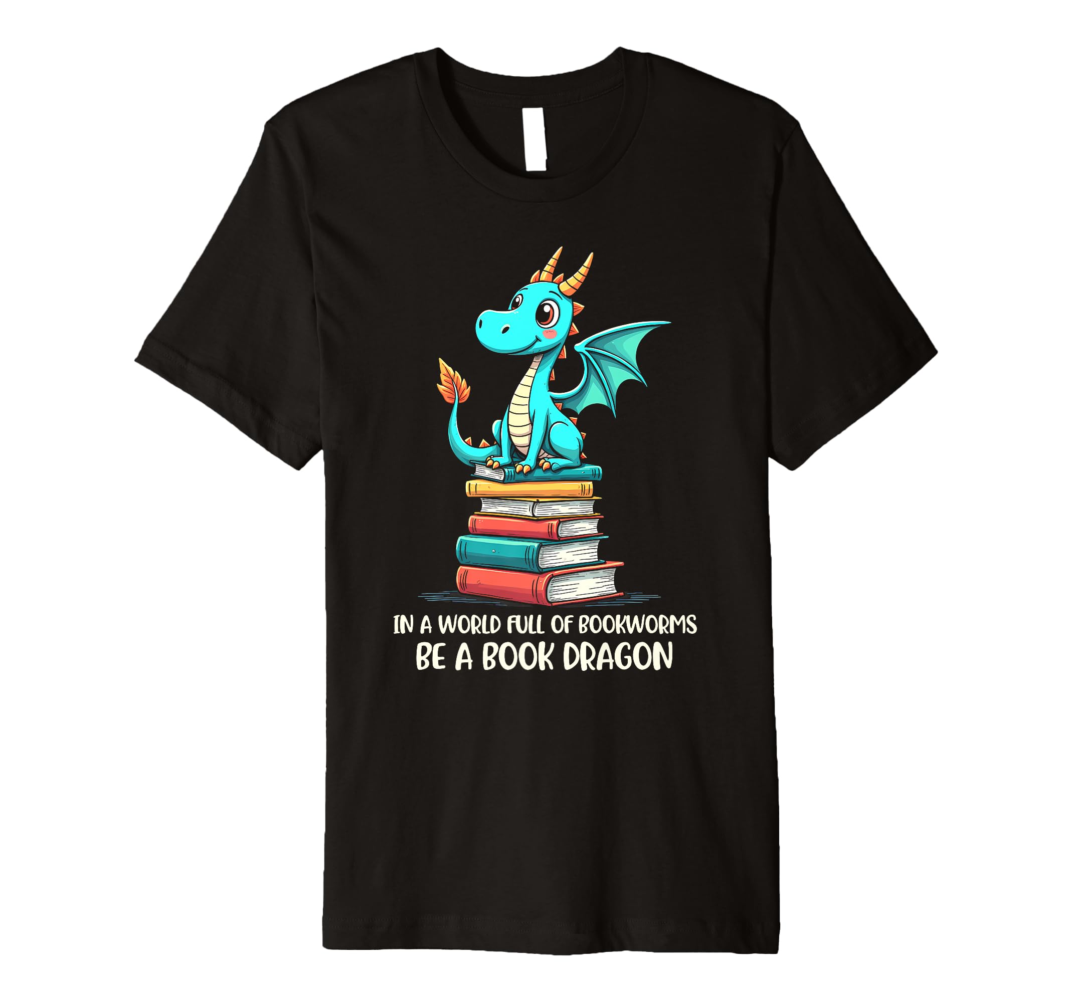 Joyful Dragon Atop Books Encourages T-Shirt - Unique Graphic Unisex - T-Shirt, Sweatshirt, Hoodie