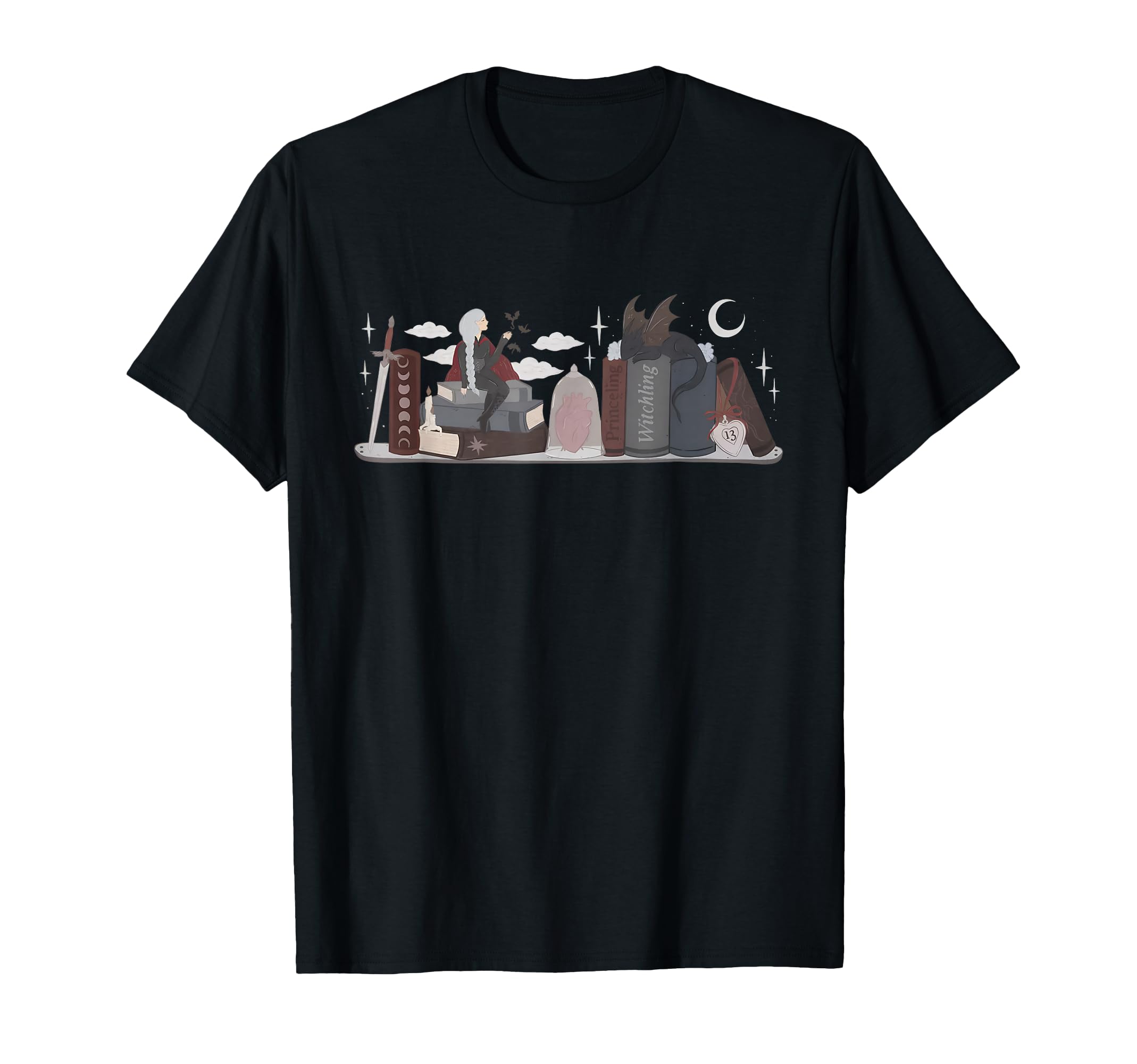 Fantasy Bookshelf Dragon Witchy Aesthetic T-Shirt - Minimalist Print Unisex - T-Shirt, Sweatshirt, Hoodie