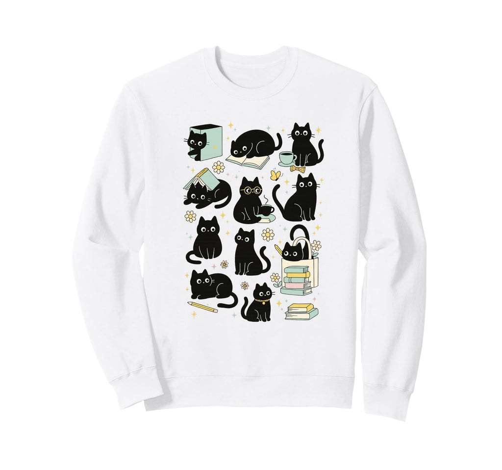Black Cat Reading Aesthetic Book Sweatshirt - Custom Art Print for Adults - T-Shirt, Sweatshirt, Hoodie