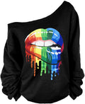 MAGICMK Womans Sweatershirt Lips Print Causal Blouse Off The Shoulder Long Sleeve Loose Slouchy Pullover Plus Size Tops - T-Shirt, Sweatshirt, Hoodie