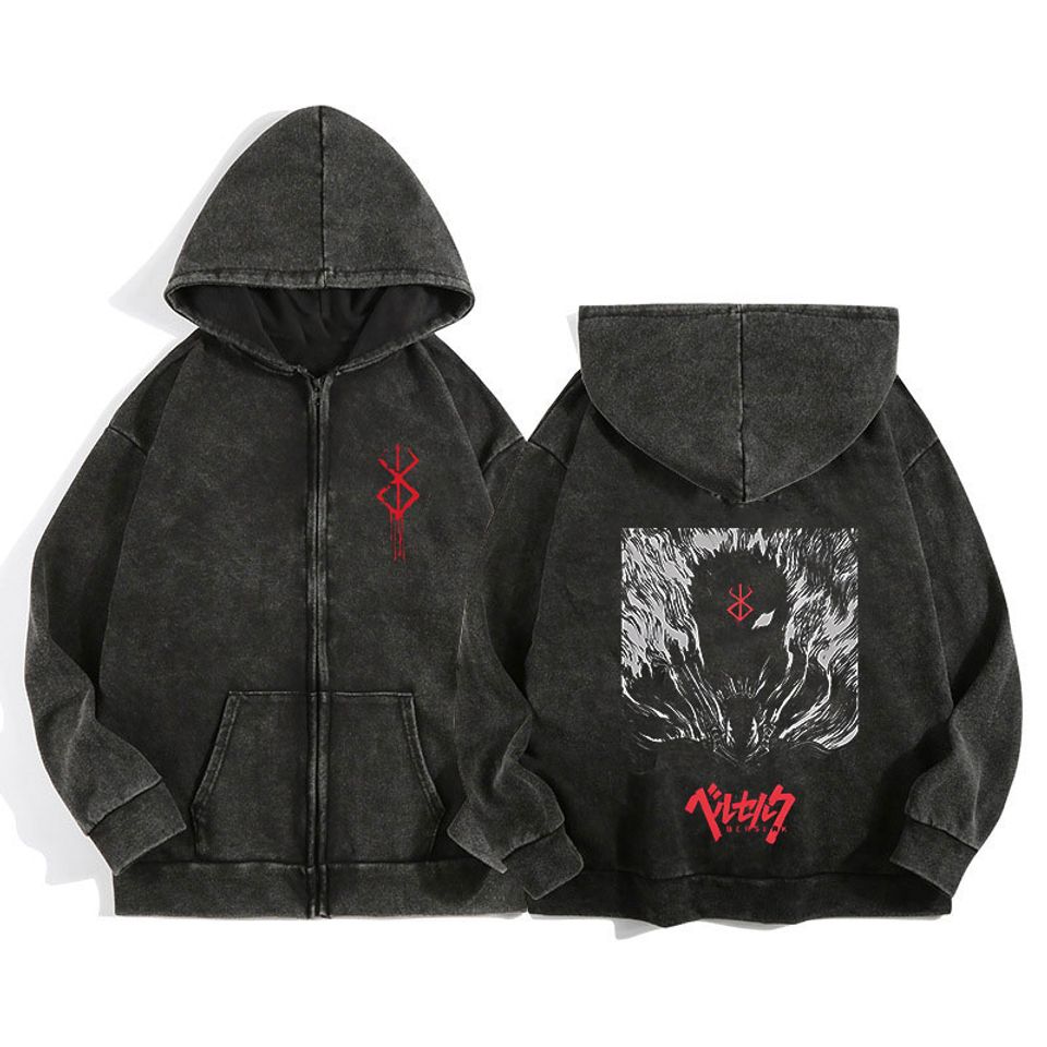 Anime Berserkk Wash Zip Up Hoodie Harajuku Retro Gothic Graphic Unisex T-shirt, Sweatshirt, Hoodie, Long Sleeve Tee - T-Shirt, Sweatshirt, Hoodie