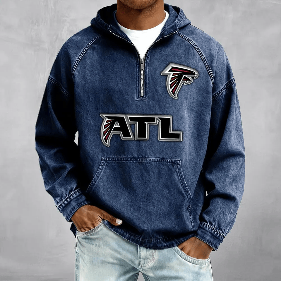 Atlanta Falcons Men's Denim Long - Sleeve Half-Zip Denim Hoodies Unisex T-shirt, Sweatshirt, Hoodie, Long Sleeve Tee - T-Shirt, Sweatshirt, Hoodie