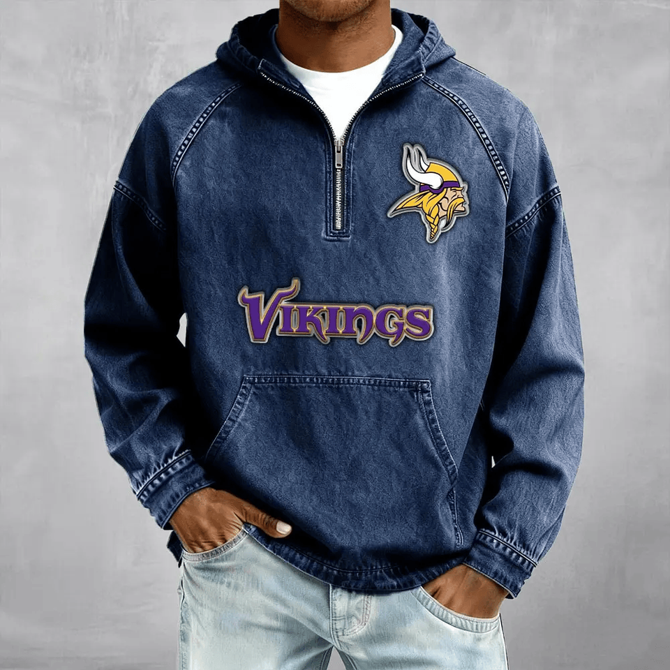 Minnesota Vikings Men's Denim Long - Sleeve Half-Zip Denim Hoodies Unisex T-shirt, Sweatshirt, Hoodie, Long Sleeve Tee - T-Shirt, Sweatshirt, Hoodie