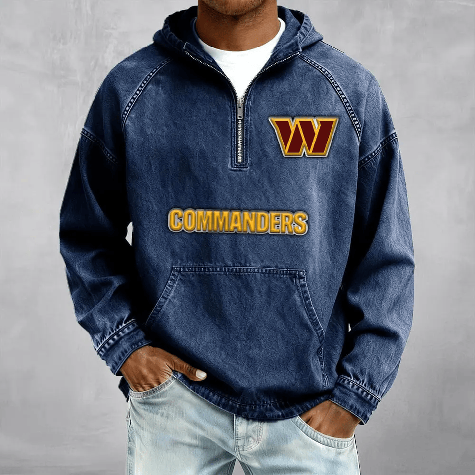 Washington Commanders Men's Denim Long - Sleeve Half-Zip Denim Hoodies Unisex T-shirt, Sweatshirt, Hoodie, Long Sleeve Tee - T-Shirt, Sweatshirt, Hoodie