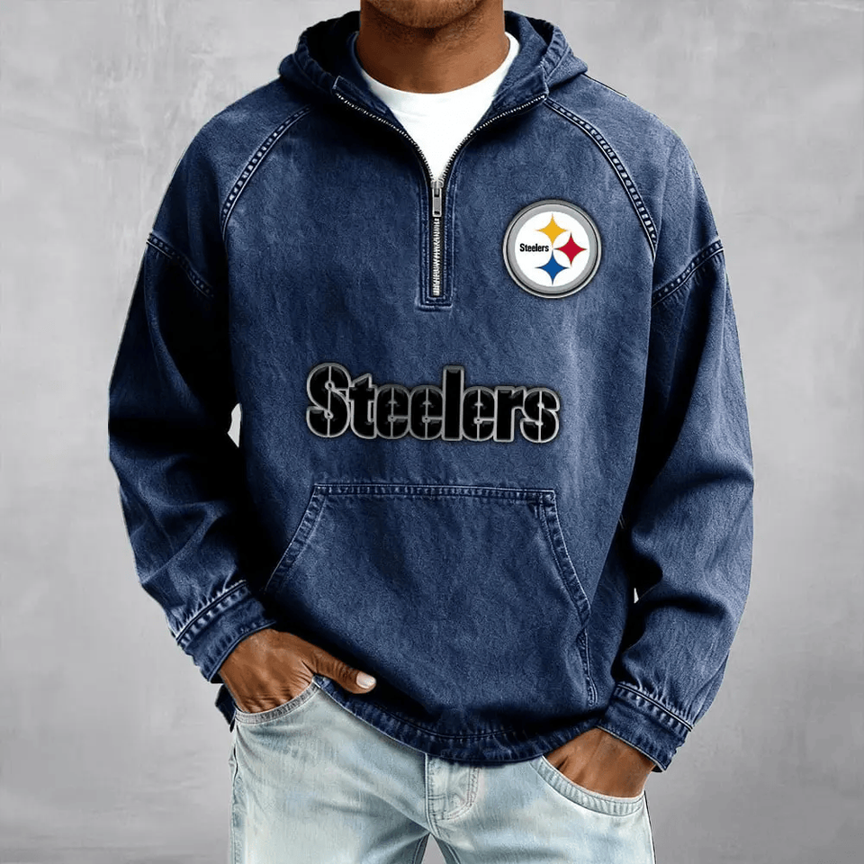 Pittsburgh Steeler Men's Denim Long - Sleeve Half-Zip Denim Hoodies Unisex T-shirt, Sweatshirt, Hoodie, Long Sleeve Tee - T-Shirt, Sweatshirt, Hoodie