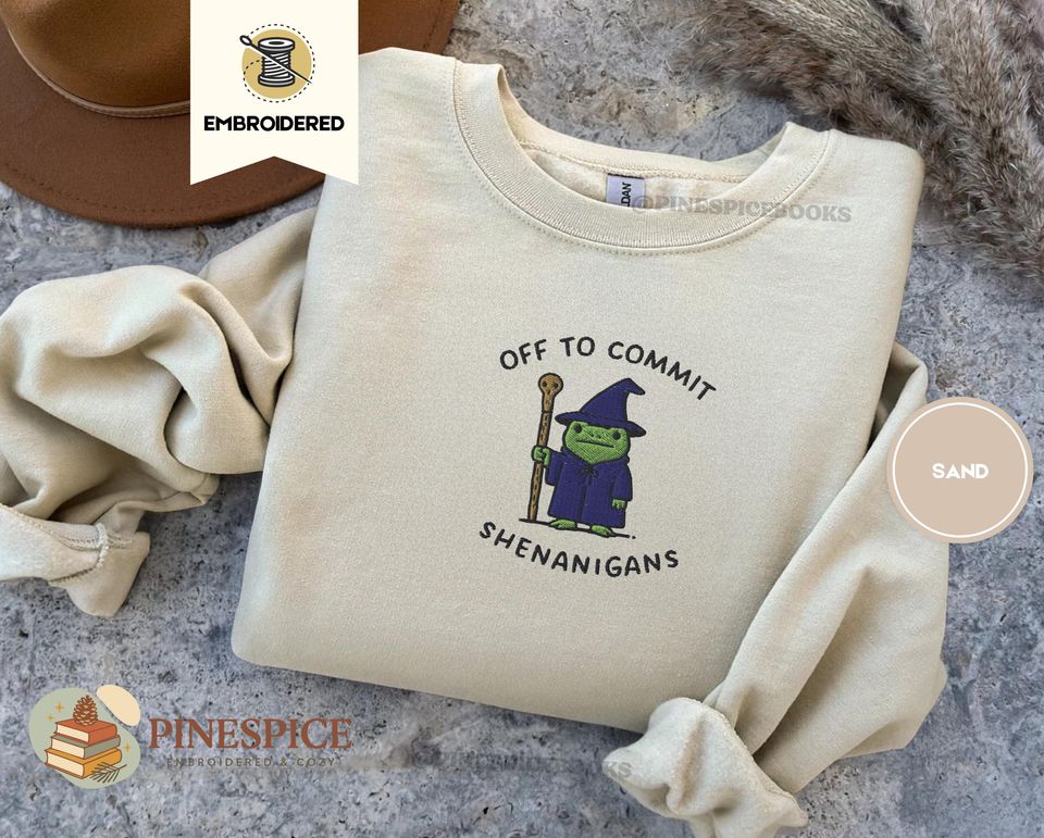 Off to Commit Shenanigans Embroidered Sweatshirt, Wizard Frog D&D, Funny Fantasy Crewneck Unisex T-shirt, Sweatshirt, Hoodie, Long Sleeve Tee - T-Shirt, Sweatshirt, Hoodie