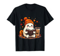 Ghost Reading Book Fall Leaves Halloween T-Shirt - Graphic Print Men Women - T-Shirt, Sweatshirt, Hoodie