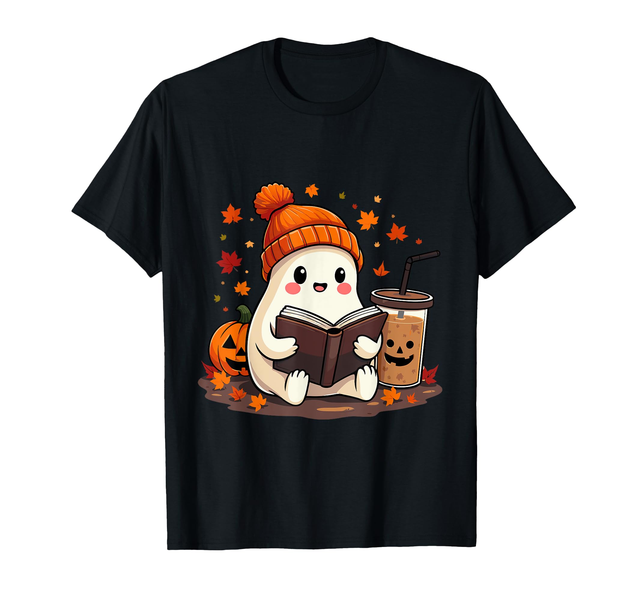 Ghost Reading Book Fall Leaves Halloween T-Shirt - Graphic Print Men Women - T-Shirt, Sweatshirt, Hoodie
