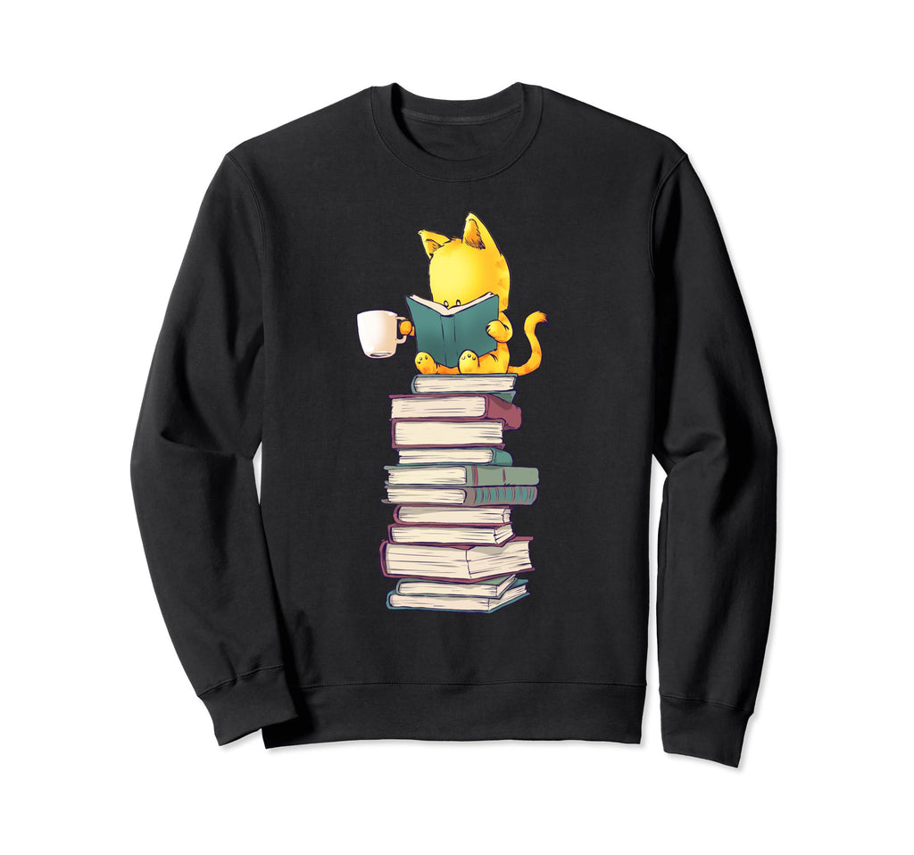 Kawaii Cat Lover Books Coffee Sweatshirt - Minimalist Print Unisex - T-Shirt, Sweatshirt, Hoodie