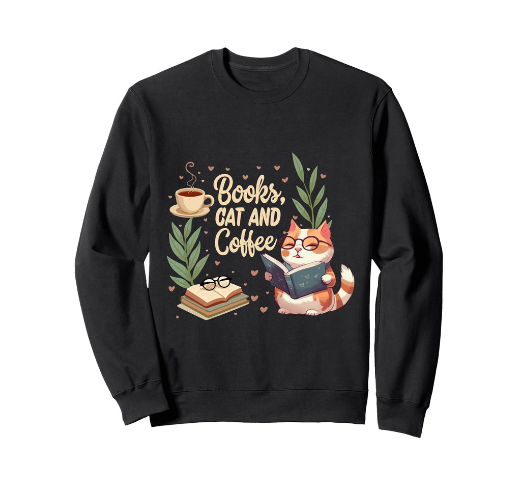 Books Cat And Coffee Bibliophilic Sweatshirt - Minimalist Print Unisex - T-Shirt, Sweatshirt, Hoodie