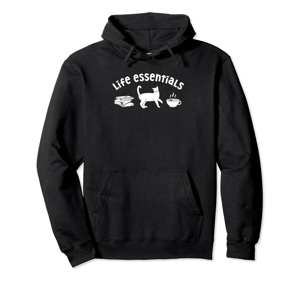 Life Essentials Funny Books Cats Coffee Hoodie - Novelty Apparel Men Women - T-Shirt, Sweatshirt, Hoodie