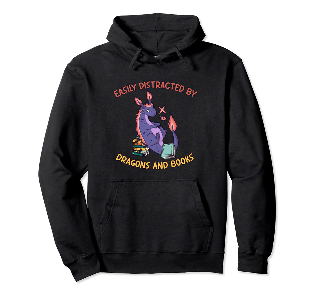 Easily Distracted Dragon And Books Funny Hoodie - Unique Graphic Unisex - T-Shirt, Sweatshirt, Hoodie