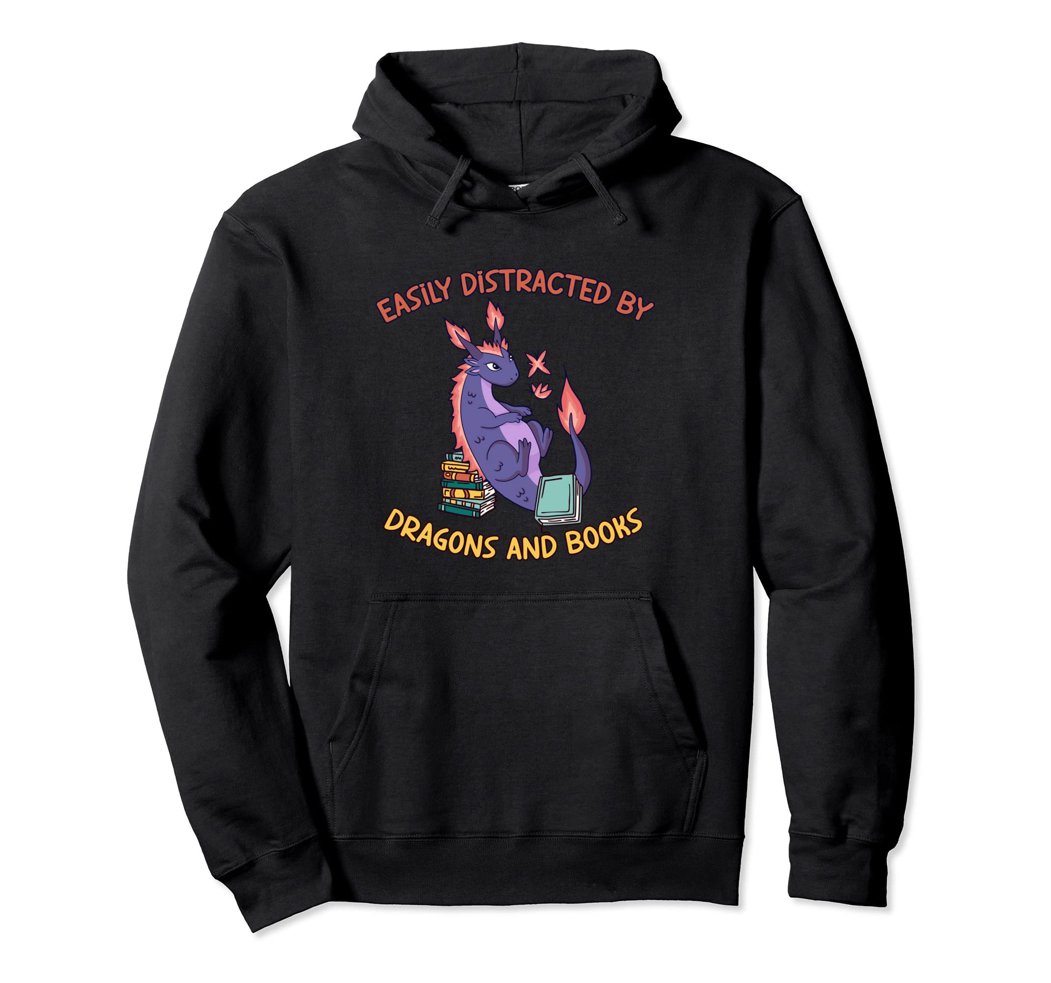 Easily Distracted Dragon And Books Funny Hoodie - Unique Graphic Unisex - T-Shirt, Sweatshirt, Hoodie