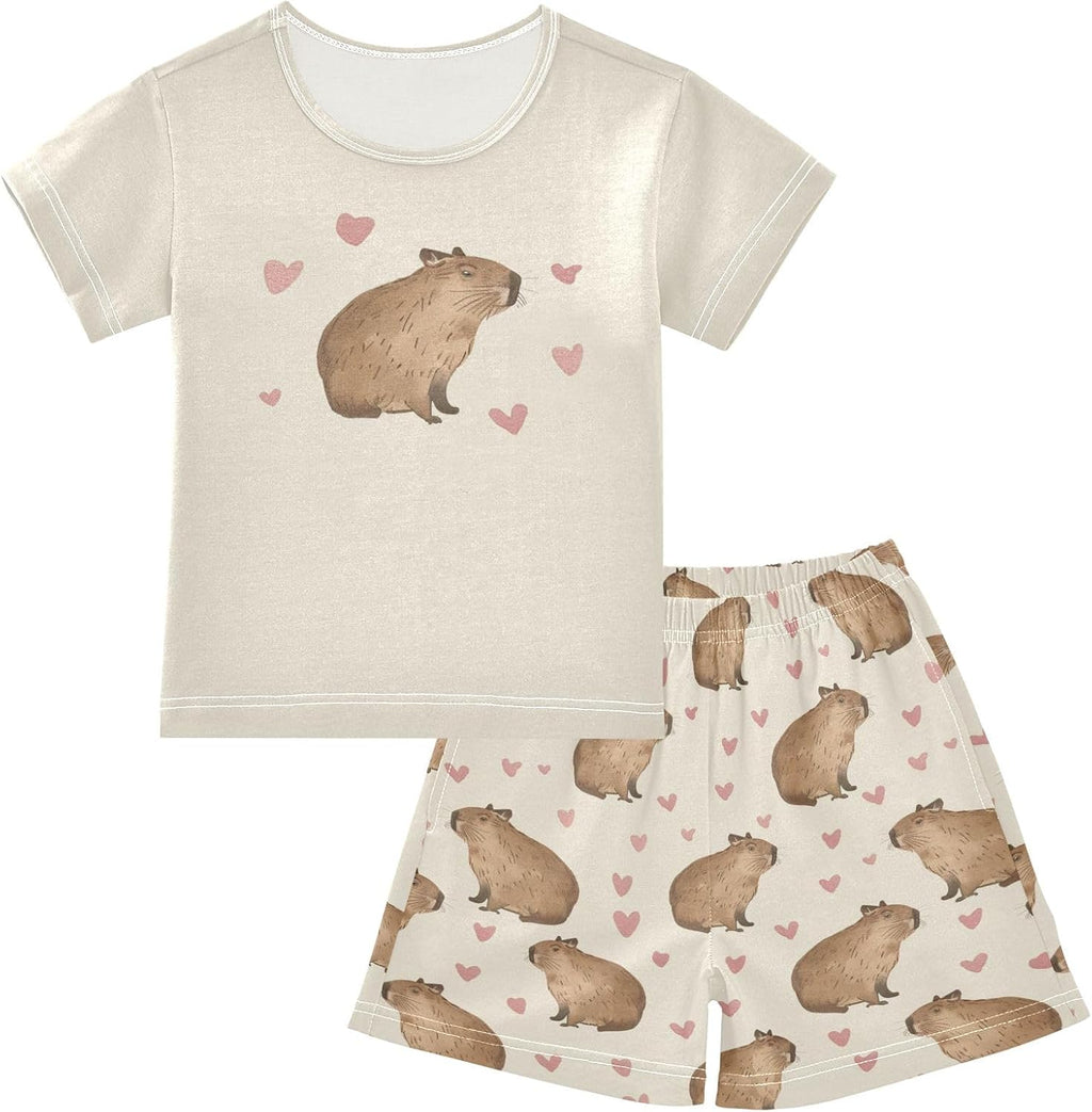 Capybara with Pink Hearts Summer Cute Pajama Sets, Short Sets for Sleep Wears Unisex T-shirt, Sweatshirt, Hoodie, Long Sleeve Tee - T-Shirt, Sweatshirt, Hoodie