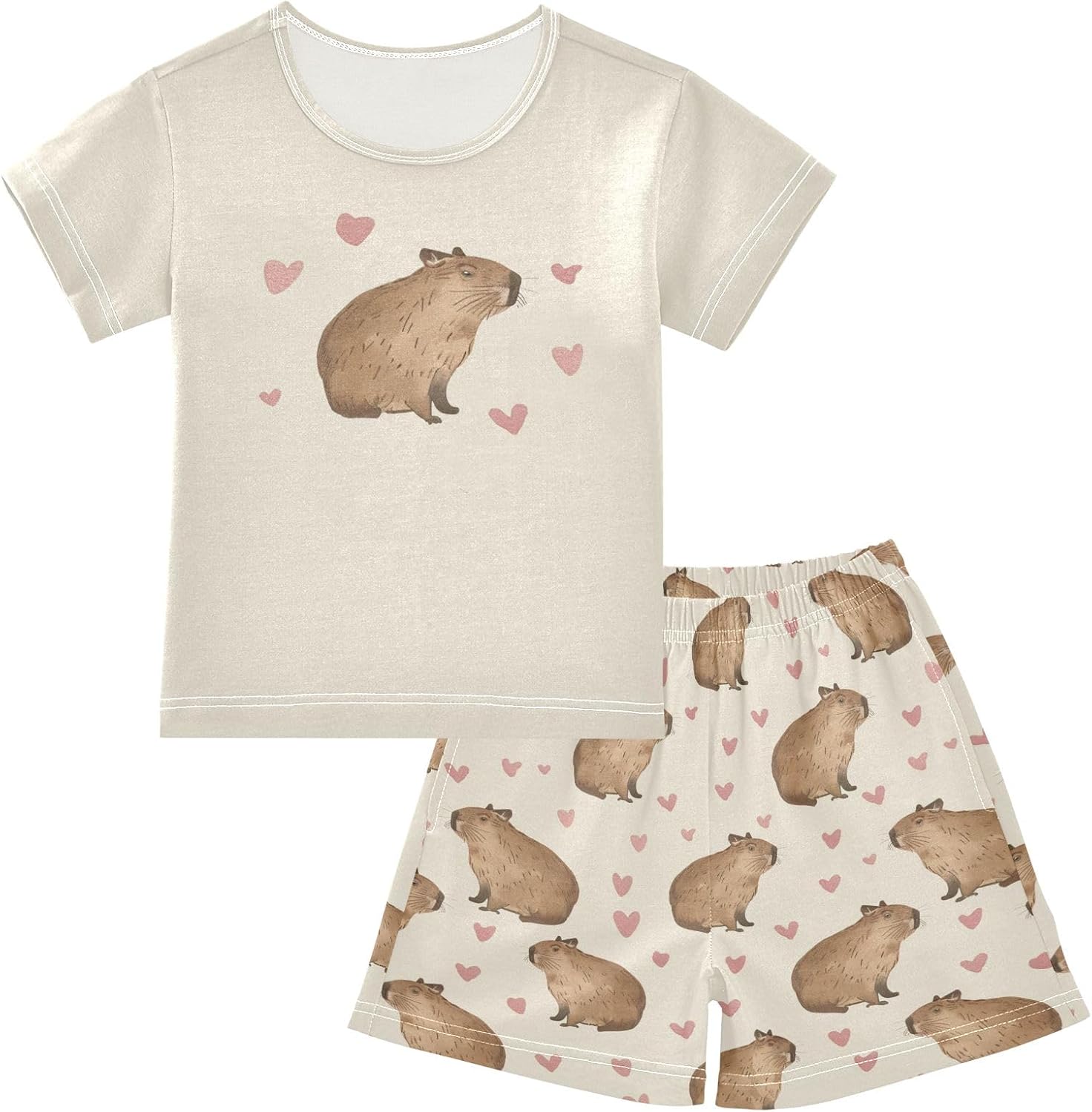Capybara with Pink Hearts Summer Cute Pajama Sets, Short Sets for Sleep Wears Unisex T-shirt, Sweatshirt, Hoodie, Long Sleeve Tee - T-Shirt, Sweatshirt, Hoodie