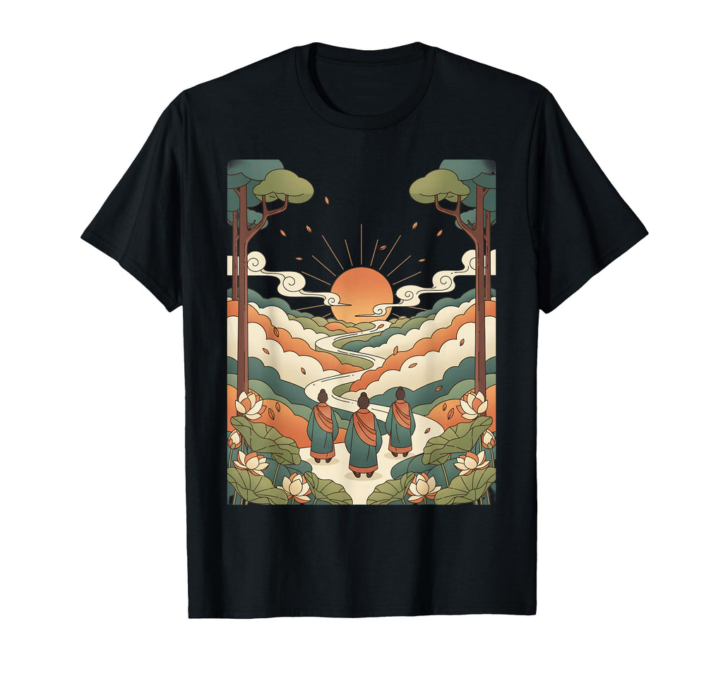 Mindful Journey Monks Walking Sunset T-Shirt - Novelty Apparel for Adults - T-Shirt, Sweatshirt, Hoodie